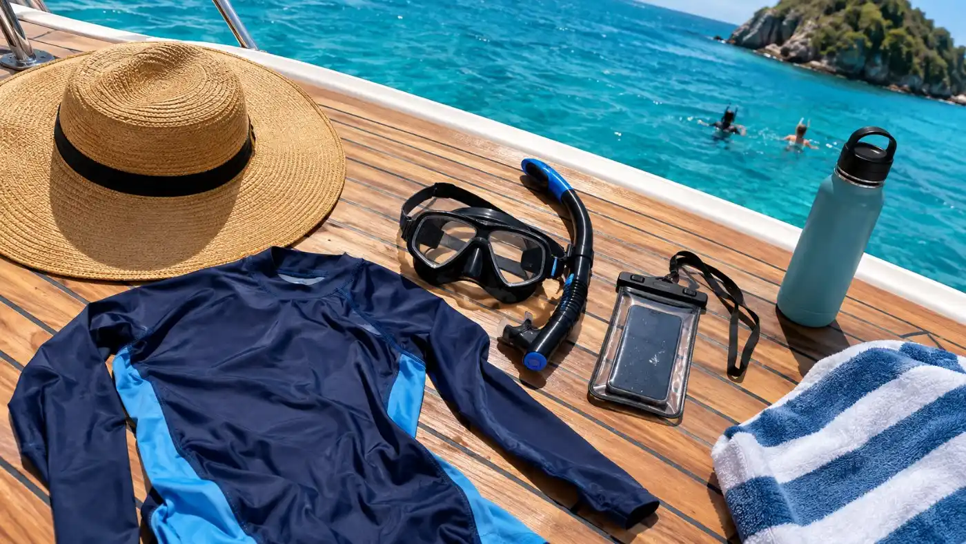 Vue de dessus d'un masque de snorkeling, d'un lycra anti-UV, d'un chapeau de soleil et d'une pochette étanche